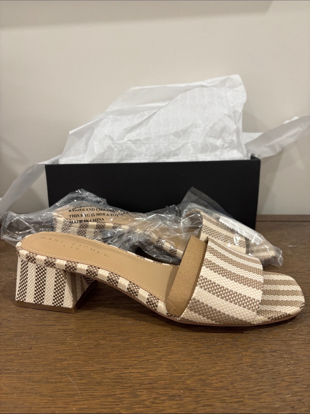 Marc Fisher Beige and Cream Striped Block Heel Sandals